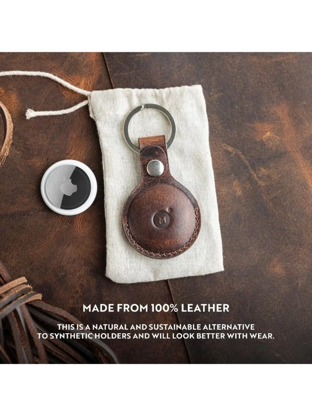 Genuine Leather AirTag Keychain Holder - Full-Grain Buffalo, Snap Closure, 4